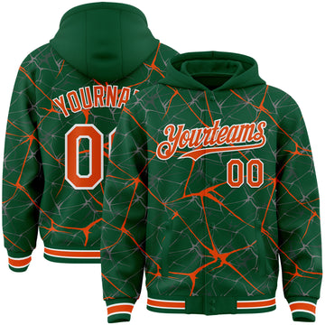 Custom Kelly Green Orange-White Abstract Network 3D Pattern Design Bomber Full-Snap Varsity Letterman Hoodie Jacket