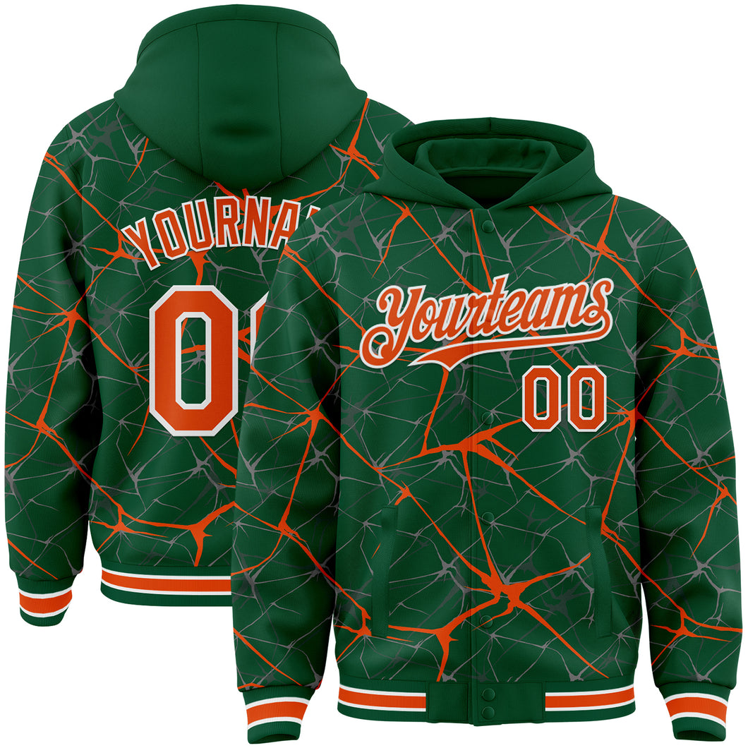 Custom Kelly Green Orange-White Abstract Network 3D Pattern Design Bomber Full-Snap Varsity Letterman Hoodie Jacket