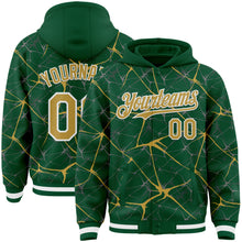 Load image into Gallery viewer, Custom Kelly Green Old Gold-White Abstract Network 3D Pattern Design Bomber Full-Snap Varsity Letterman Hoodie Jacket

