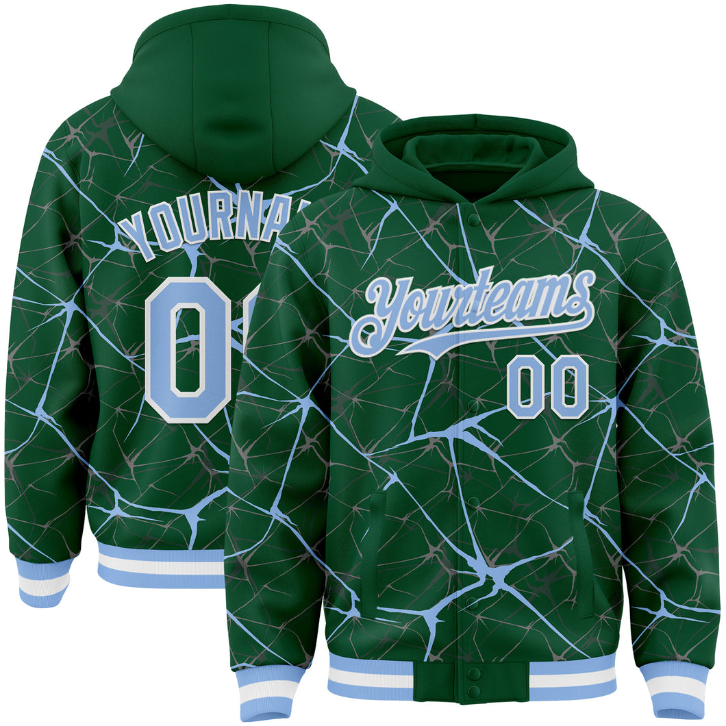Custom Kelly Green Light Blue-White Abstract Network 3D Pattern Design Bomber Full-Snap Varsity Letterman Hoodie Jacket