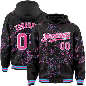 Custom Black Pink Sky Blue-White Fragment 3D Pattern Design Bomber Full-Snap Varsity Letterman Hoodie Jacket