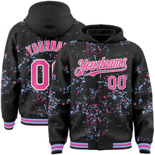 Load image into Gallery viewer, Custom Black Pink Light Blue-White Fragment 3D Pattern Design Bomber Full-Snap Varsity Letterman Hoodie Jacket
