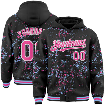 Custom Black Pink Light Blue-White Fragment 3D Pattern Design Bomber Full-Snap Varsity Letterman Hoodie Jacket