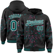 Load image into Gallery viewer, Custom Black Teal Pink-White Fragment 3D Pattern Design Bomber Full-Snap Varsity Letterman Hoodie Jacket
