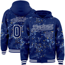 Laden Sie das Bild in den Galerie-Viewer, Custom Royal Light Blue Old Gold-White Fragment 3D Pattern Design Bomber Full-Snap Varsity Letterman Hoodie Jacket
