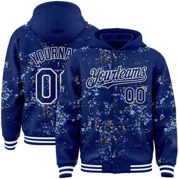 Custom Royal Light Blue Old Gold-White Fragment 3D Pattern Design Bomber Full-Snap Varsity Letterman Hoodie Jacket