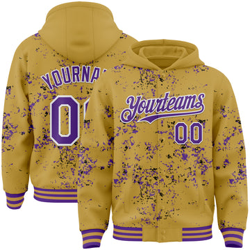 Custom Old Gold Purple Black-White Fragment 3D Pattern Design Bomber Full-Snap Varsity Letterman Hoodie Jacket