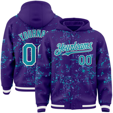 Custom Purple Teal Light Blue-White Fragment 3D Pattern Design Bomber Full-Snap Varsity Letterman Hoodie Jacket