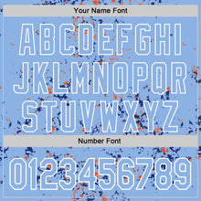 Загрузить изображение в средство просмотра галереи, Custom Light Blue Royal Orange-White Fragment 3D Pattern Design Bomber Full-Snap Varsity Letterman Hoodie Jacket
