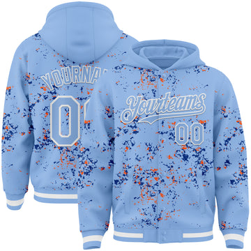 Custom Light Blue Royal Orange-White Fragment 3D Pattern Design Bomber Full-Snap Varsity Letterman Hoodie Jacket