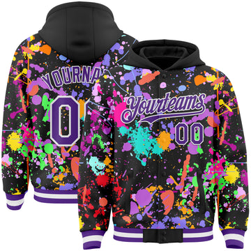 Custom Graffiti Pattern Purple Black-White Splash Bomber Full-Snap Varsity Letterman Hoodie Jacket