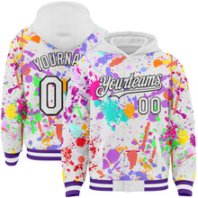 Загрузить изображение в средство просмотра галереи, Custom Graffiti Pattern White Purple-Black Splash Bomber Full-Snap Varsity Letterman Hoodie Jacket
