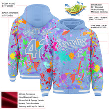Загрузить изображение в средство просмотра галереи, Custom Graffiti Pattern Light Blue-White Splash Bomber Full-Snap Varsity Letterman Hoodie Jacket
