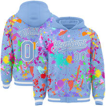 Загрузить изображение в средство просмотра галереи, Custom Graffiti Pattern Light Blue-White Splash Bomber Full-Snap Varsity Letterman Hoodie Jacket
