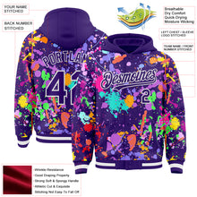 Загрузить изображение в средство просмотра галереи, Custom Graffiti Pattern Purple-White Splash Bomber Full-Snap Varsity Letterman Hoodie Jacket
