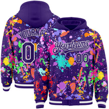 Загрузить изображение в средство просмотра галереи, Custom Graffiti Pattern Purple-White Splash Bomber Full-Snap Varsity Letterman Hoodie Jacket
