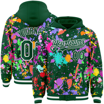 Custom Graffiti Pattern Kelly Green-White Splash Bomber Full-Snap Varsity Letterman Hoodie Jacket