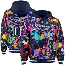 Загрузить изображение в средство просмотра галереи, Custom Graffiti Pattern Navy-White Splash Bomber Full-Snap Varsity Letterman Hoodie Jacket
