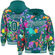 Загрузить изображение в средство просмотра галереи, Custom Graffiti Pattern Teal-White Splash Bomber Full-Snap Varsity Letterman Hoodie Jacket
