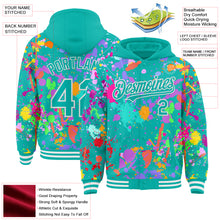 Загрузить изображение в средство просмотра галереи, Custom Graffiti Pattern Aqua-White Splash Bomber Full-Snap Varsity Letterman Hoodie Jacket
