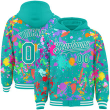 Загрузить изображение в средство просмотра галереи, Custom Graffiti Pattern Aqua-White Splash Bomber Full-Snap Varsity Letterman Hoodie Jacket
