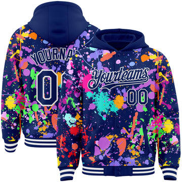 Custom Graffiti Pattern Royal-White Splash Bomber Full-Snap Varsity Letterman Hoodie Jacket