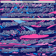 Charger l'image dans la galerie, Custom Figure Royal Pink Light Blue-White Fluid Bomber Full-Snap Varsity Letterman Hoodie Jacket
