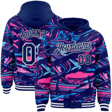 Charger l'image dans la galerie, Custom Figure Royal Pink Light Blue-White Fluid Bomber Full-Snap Varsity Letterman Hoodie Jacket
