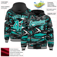 Charger l'image dans la galerie, Custom Figure Aqua Black-White Fluid Bomber Full-Snap Varsity Letterman Hoodie Jacket

