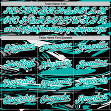 Charger l'image dans la galerie, Custom Figure Aqua Black-White Fluid Bomber Full-Snap Varsity Letterman Hoodie Jacket
