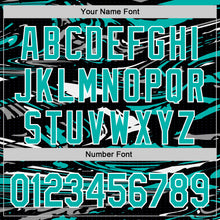 Charger l'image dans la galerie, Custom Figure Aqua Black-White Fluid Bomber Full-Snap Varsity Letterman Hoodie Jacket
