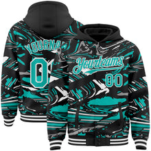 Charger l'image dans la galerie, Custom Figure Aqua Black-White Fluid Bomber Full-Snap Varsity Letterman Hoodie Jacket
