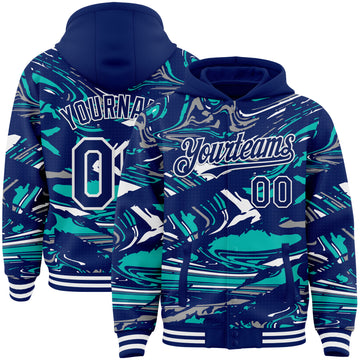 Custom Figure Royal Aqua-White Fluid Bomber Full-Snap Varsity Letterman Hoodie Jacket