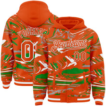 Charger l'image dans la galerie, Custom Figure Orange Grass Green-White Fluid Bomber Full-Snap Varsity Letterman Hoodie Jacket
