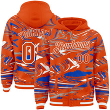 Загрузить изображение в средство просмотра галереи, Custom Figure Orange Thunder Blue-White Fluid Bomber Full-Snap Varsity Letterman Hoodie Jacket

