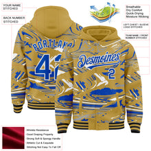 Load image into Gallery viewer, Custom Figure Thunder Blue Old Gold Black-White Fluid Bomber Full-Snap Varsity Letterman Hoodie Jacket

