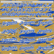 Load image into Gallery viewer, Custom Figure Thunder Blue Old Gold Black-White Fluid Bomber Full-Snap Varsity Letterman Hoodie Jacket
