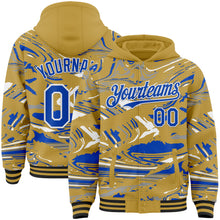 Load image into Gallery viewer, Custom Figure Thunder Blue Old Gold Black-White Fluid Bomber Full-Snap Varsity Letterman Hoodie Jacket
