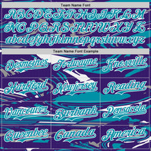 Загрузить изображение в средство просмотра галереи, Custom Figure Teal Purple-White Fluid Bomber Full-Snap Varsity Letterman Hoodie Jacket
