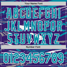 Загрузить изображение в средство просмотра галереи, Custom Figure Teal Purple-White Fluid Bomber Full-Snap Varsity Letterman Hoodie Jacket
