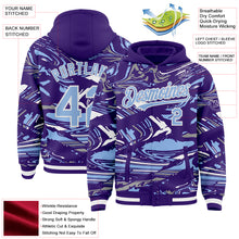 Загрузить изображение в средство просмотра галереи, Custom Figure Light Blue Purple-White Fluid Bomber Full-Snap Varsity Letterman Hoodie Jacket
