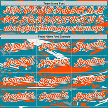 Загрузить изображение в средство просмотра галереи, Custom Figure Orange Teal-White Fluid Bomber Full-Snap Varsity Letterman Hoodie Jacket
