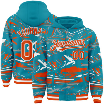 Custom Figure Orange Teal-White Fluid Bomber Full-Snap Varsity Letterman Hoodie Jacket