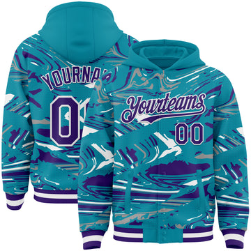 Custom Figure Purple Teal-White Fluid Bomber Full-Snap Varsity Letterman Hoodie Jacket