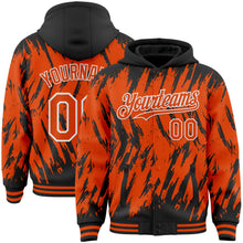 Загрузить изображение в средство просмотра галереи, Custom Black Orange-White Abstract Sharp Shape Fragment 3D Pattern Design Bomber Full-Snap Varsity Letterman Hoodie Jacket
