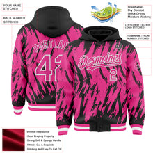 Загрузить изображение в средство просмотра галереи, Custom Black Pink-White Abstract Sharp Shape Fragment 3D Pattern Design Bomber Full-Snap Varsity Letterman Hoodie Jacket
