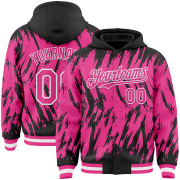 Custom Black Pink-White Abstract Sharp Shape Fragment 3D Pattern Design Bomber Full-Snap Varsity Letterman Hoodie Jacket