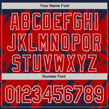 Charger l'image dans la galerie, Custom Navy Red-White Abstract Sharp Shape Fragment 3D Pattern Design Bomber Full-Snap Varsity Letterman Hoodie Jacket
