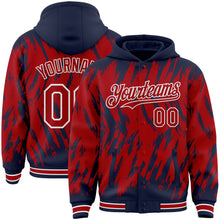 Charger l'image dans la galerie, Custom Navy Red-White Abstract Sharp Shape Fragment 3D Pattern Design Bomber Full-Snap Varsity Letterman Hoodie Jacket
