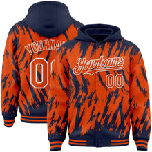 Загрузить изображение в средство просмотра галереи, Custom Navy Orange-White Abstract Sharp Shape Fragment 3D Pattern Design Bomber Full-Snap Varsity Letterman Hoodie Jacket
